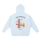 light blue san francisco hoodie back print golden gate bridge hand drawn design