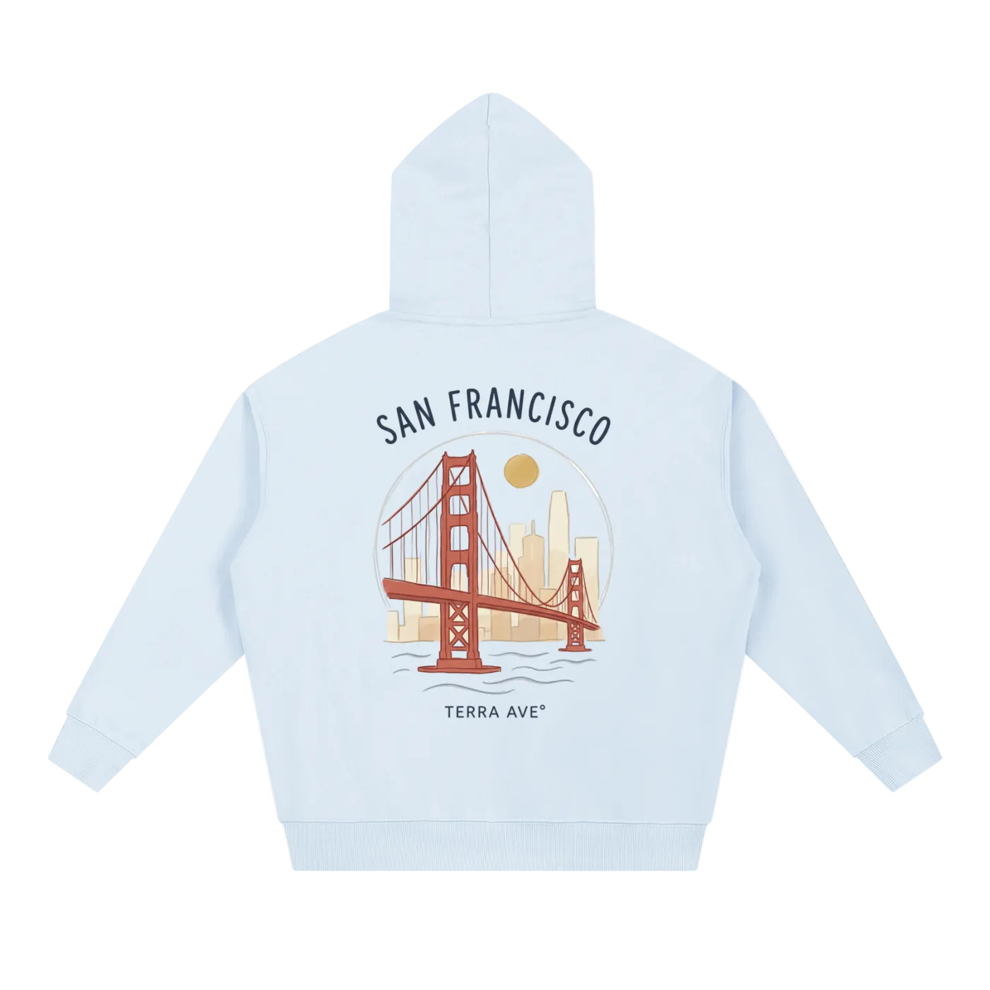 light blue san francisco hoodie back print golden gate bridge hand drawn design