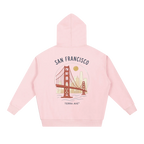 pink san francisco hoodie back print golden gate bridge hand drawn design