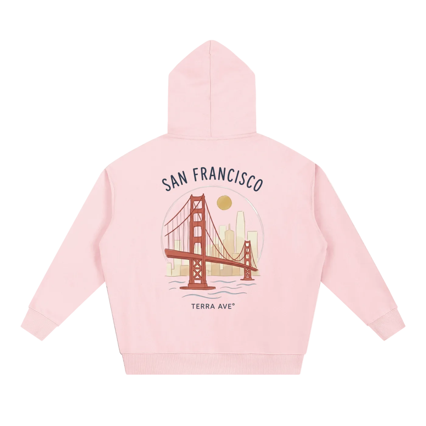 pink san francisco hoodie back print golden gate bridge hand drawn design