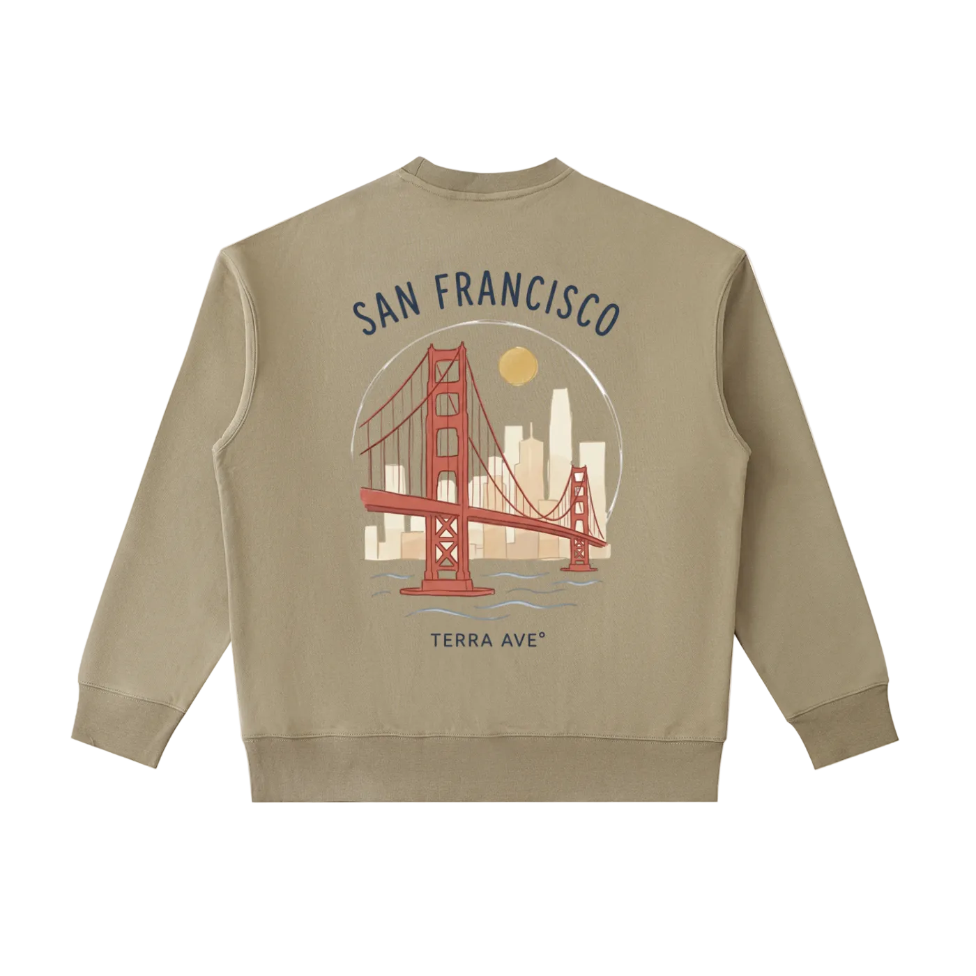 usa,crew,crewneck. san francisco crewneck back print golden gate bridge hand drawn design brown color