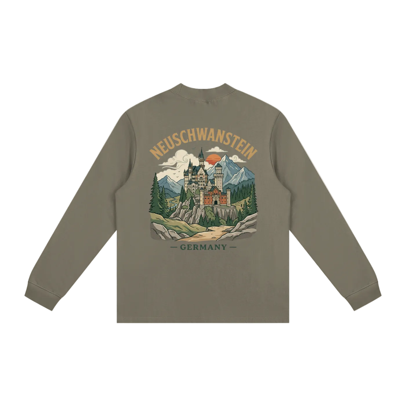 army green graphic long sleeve bavaria castle long sleeve shirt neuschwanstein design
