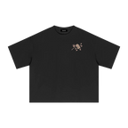 japan sakura tee with falling cherry blossoms and sunset