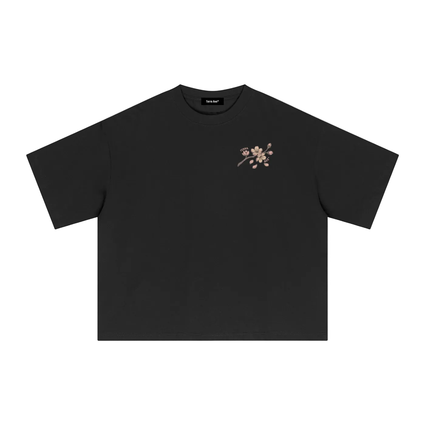 japan sakura tee with falling cherry blossoms and sunset