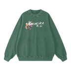 Green sweatshirt with floral design and text on a white background