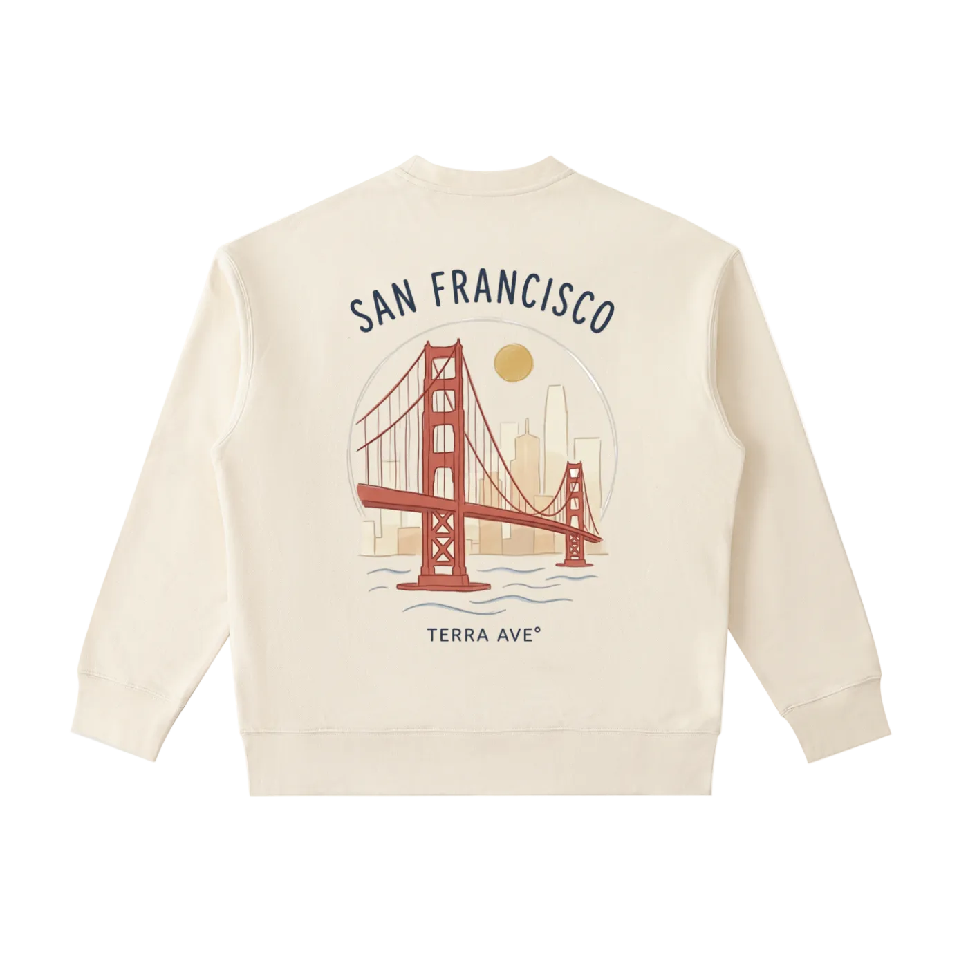 usa,crew,crewneck. san francisco crewneck back print golden gate bridge hand drawn design