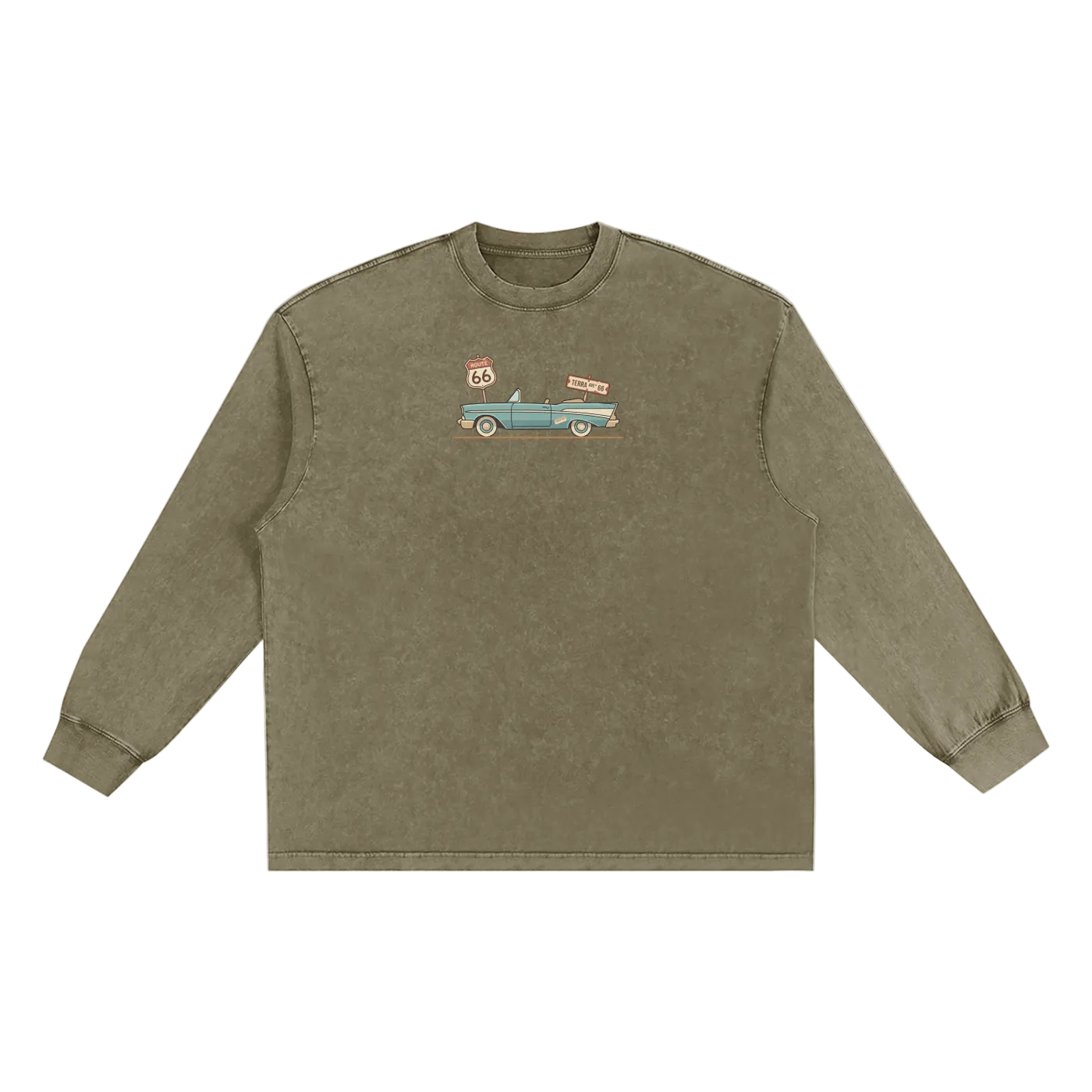 Route 66 washed long sleeve shirt vintage travel clothing front green