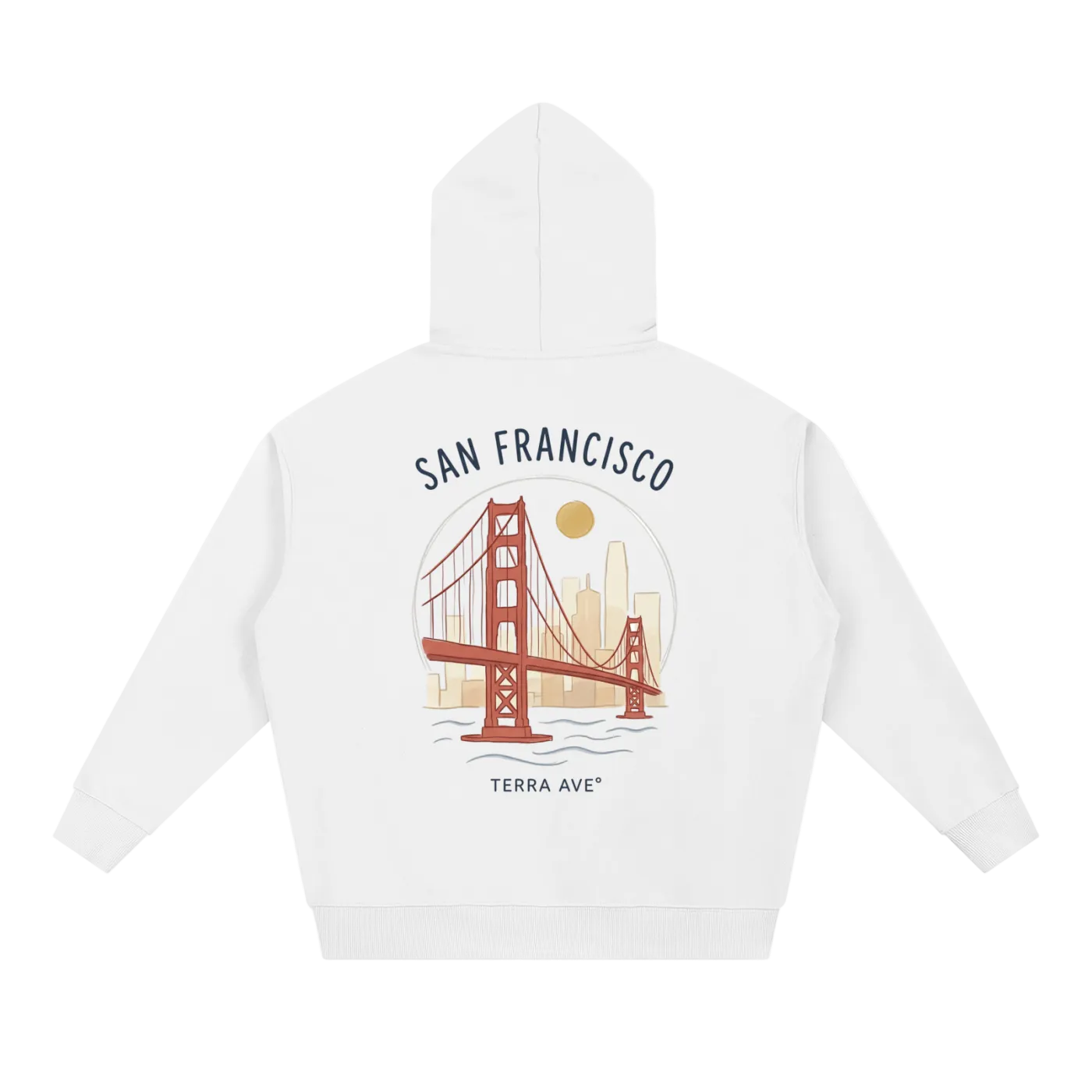 white san francisco hoodie back print golden gate bridge hand drawn design