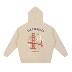 tan san francisco hoodie back print golden gate bridge hand drawn design