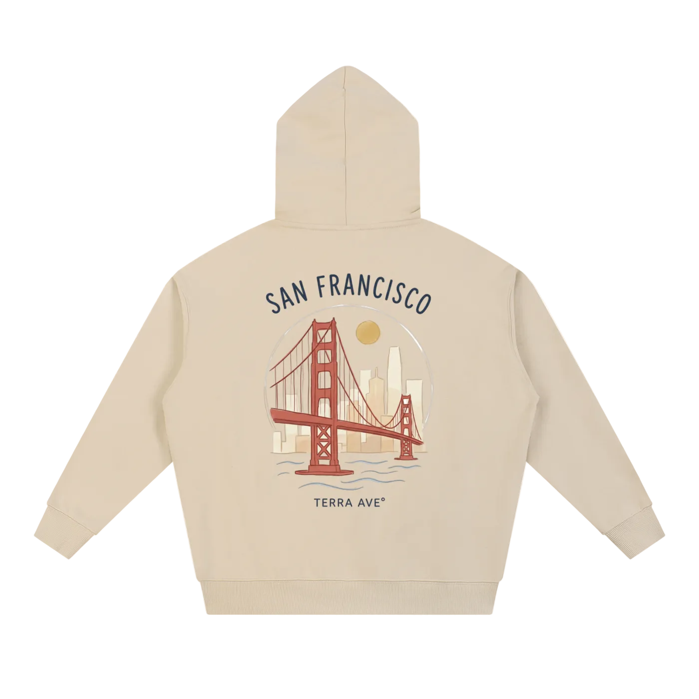 tan san francisco hoodie back print golden gate bridge hand drawn design