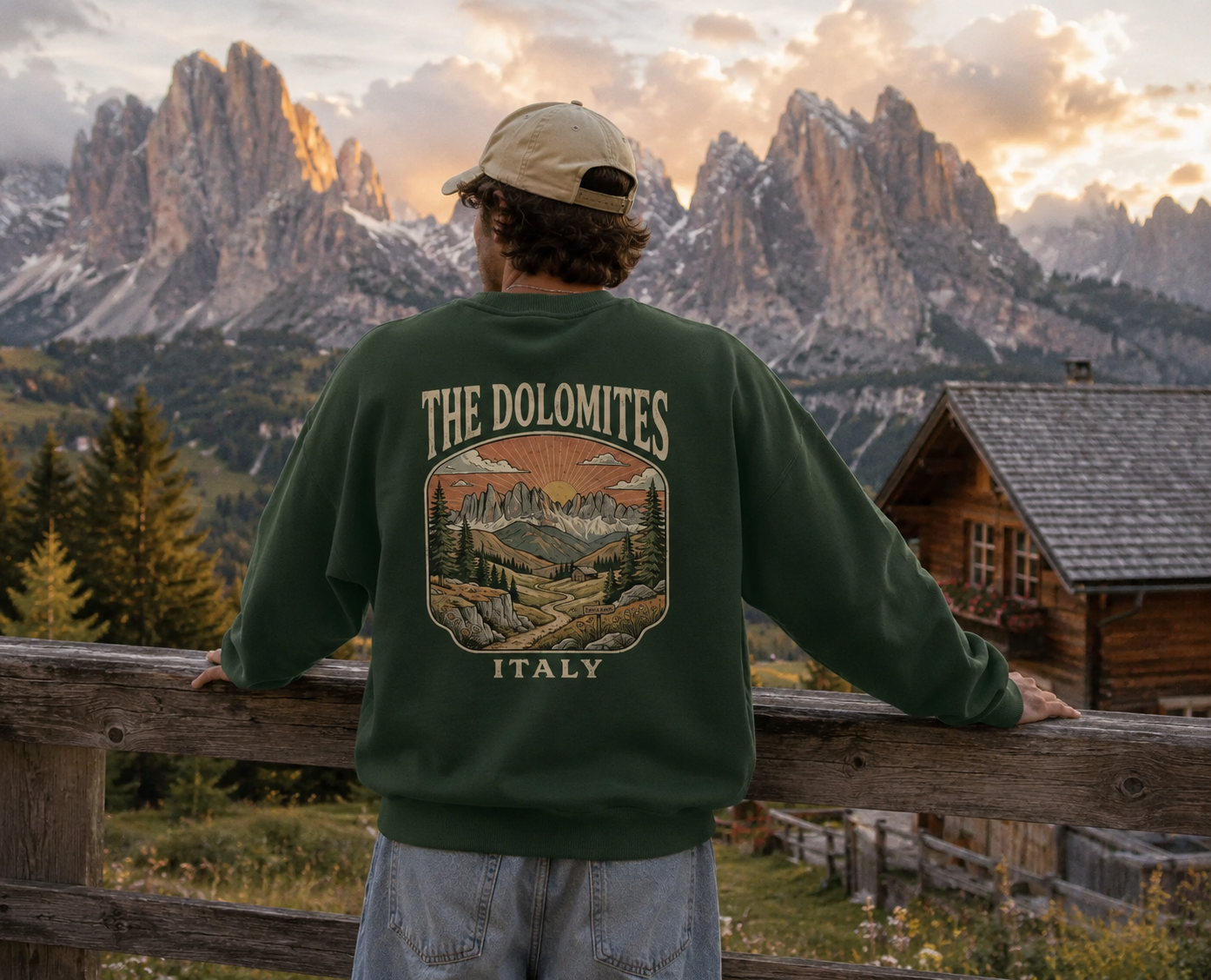 model in dolomites crewneck in ront of dolomite mountains in italy