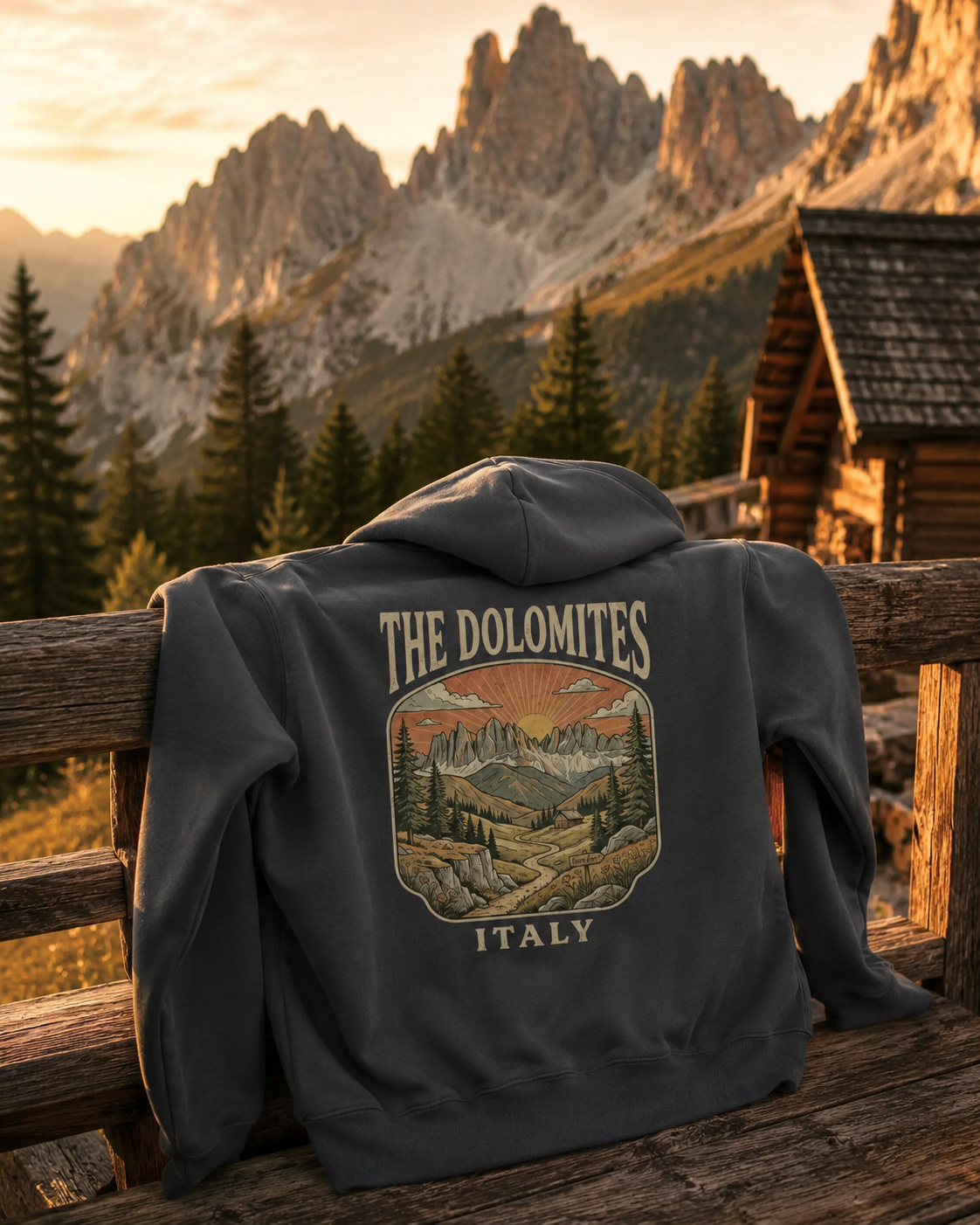 dolomites hoodie heavyweight vintage in front of dolomites in italy