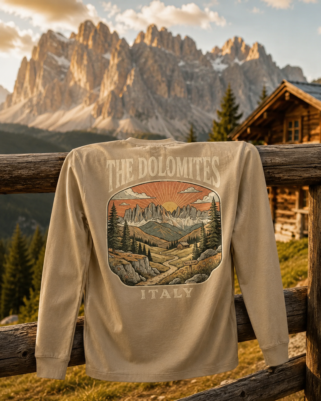 dolomites long sleeve shirt in front of dolomites mountains in italy