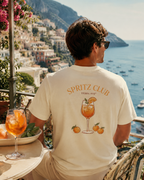 man in amalfi coast drinking aperol spritz with italy tshirt