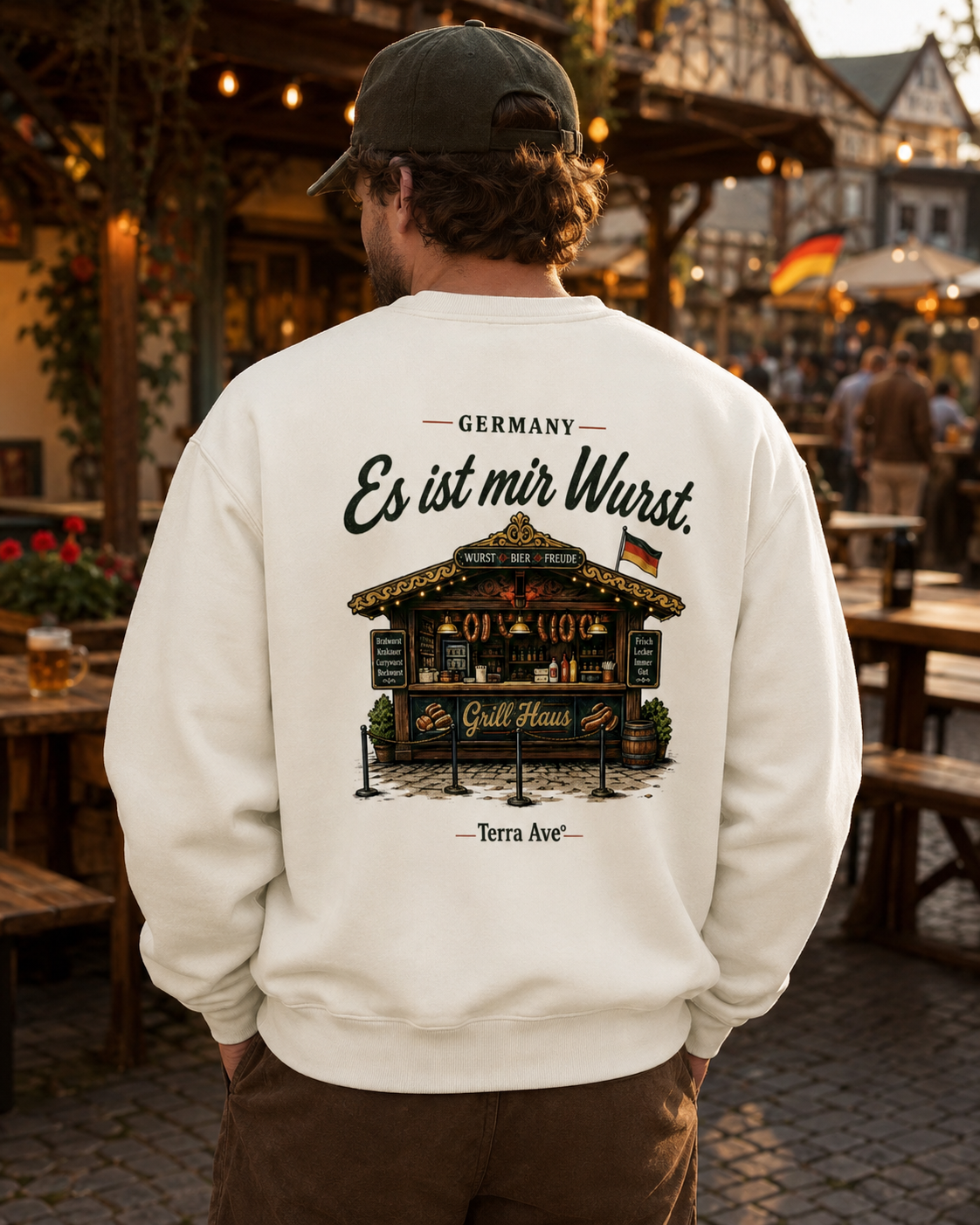man at german festival wearing german bratwurst crewneck 