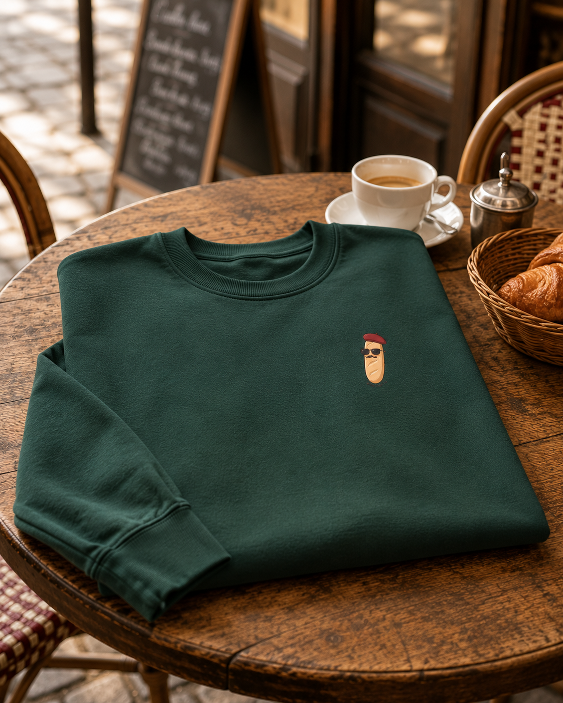 french baguette crewneck in french cafe
