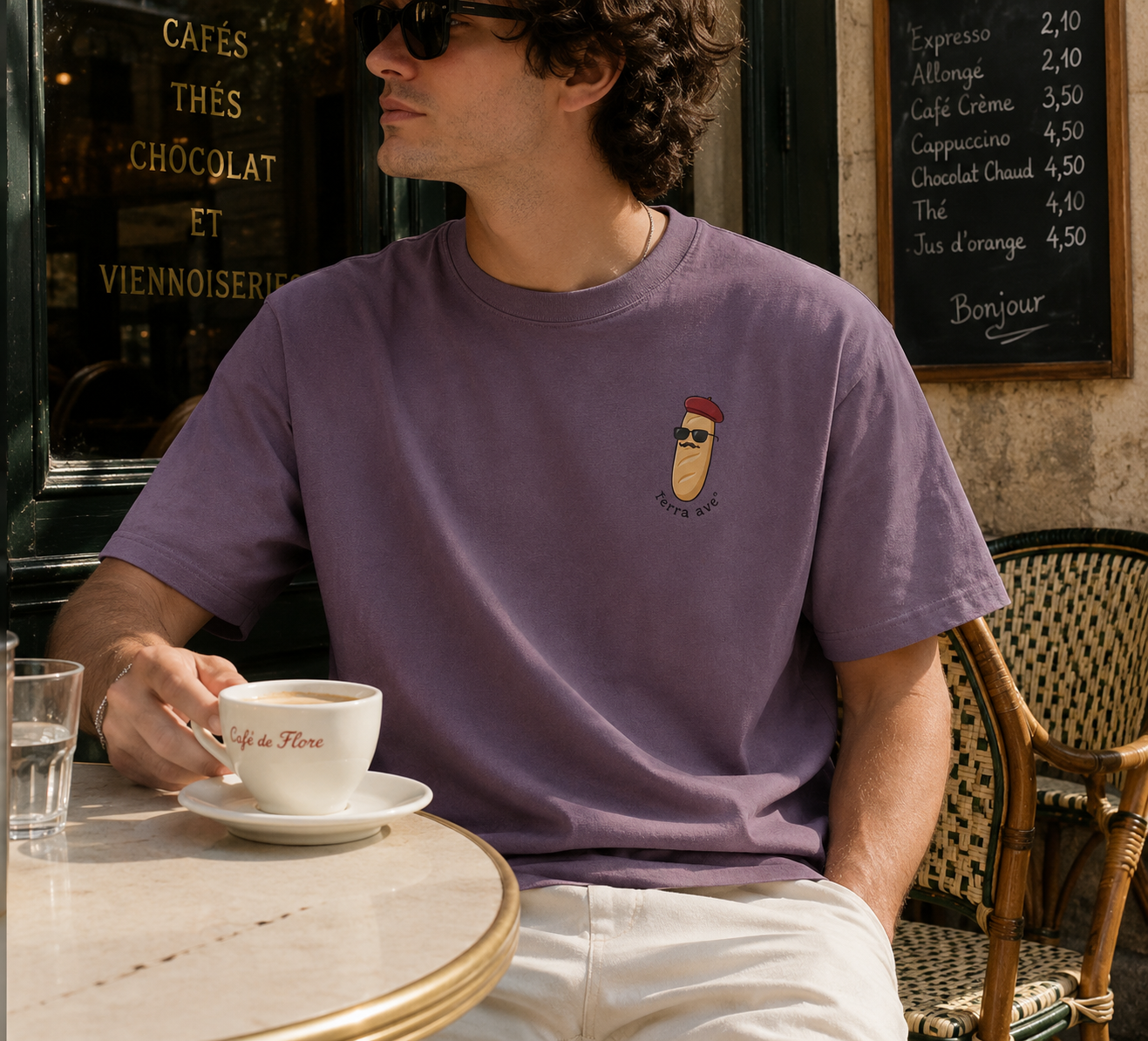 man in french cafe wearing baguette tshirt