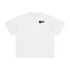 White t-shirt with a small logo on a white background