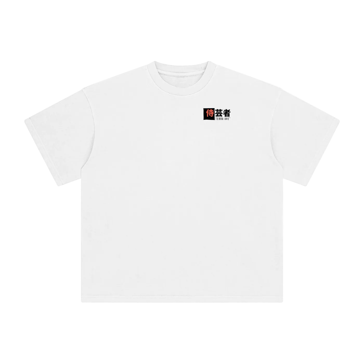 White t-shirt with a small logo on a white background
