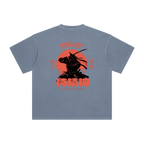 Blue t-shirt with a samurai design on the back against a white background