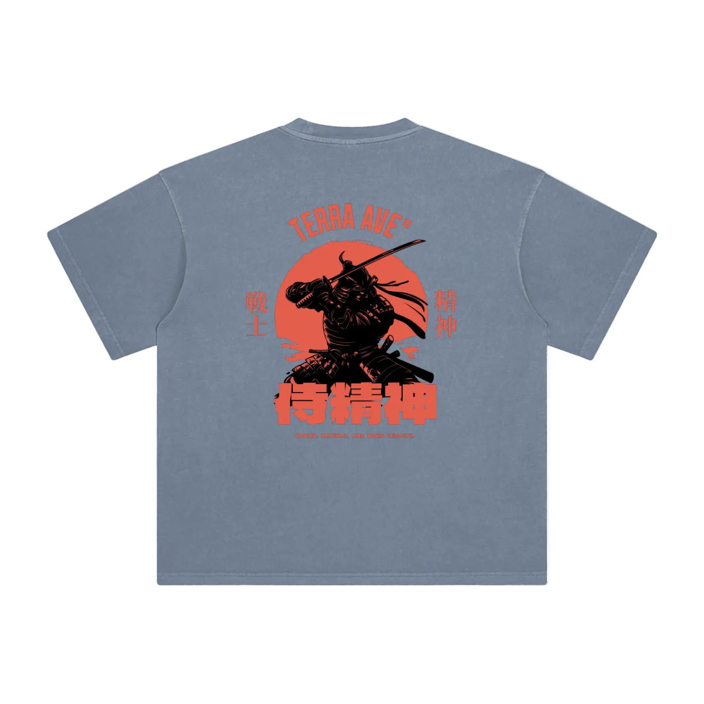 Blue t-shirt with a samurai design on the back against a white background