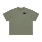 Green t-shirt with a small logo on a white background