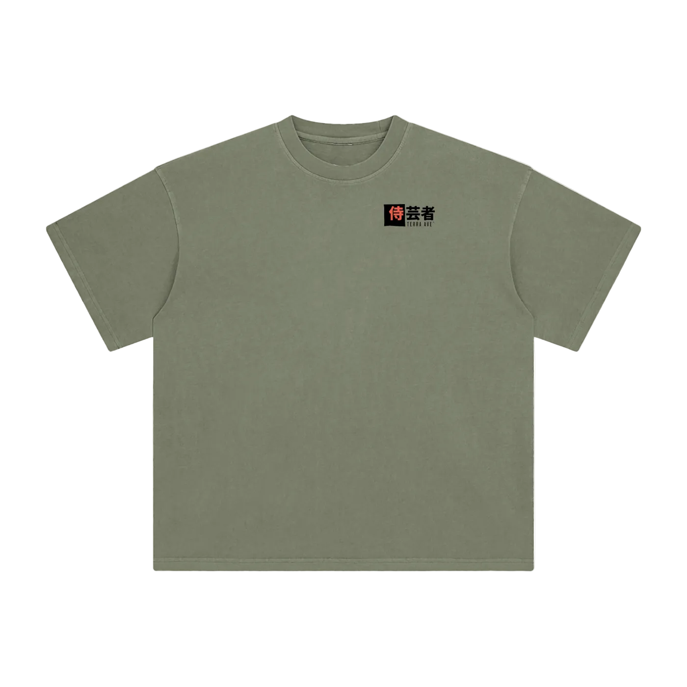 Green t-shirt with a small logo on a white background
