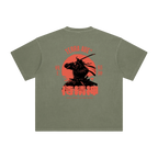 Green t-shirt with a red and black graphic design on the back featuring a warrior silhouette and text.