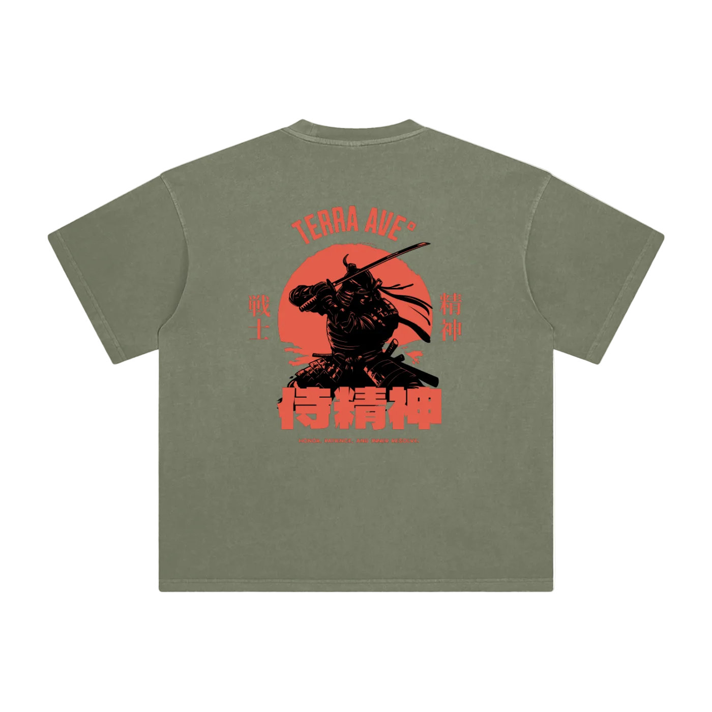 Green t-shirt with a red and black graphic design on the back featuring a warrior silhouette and text.