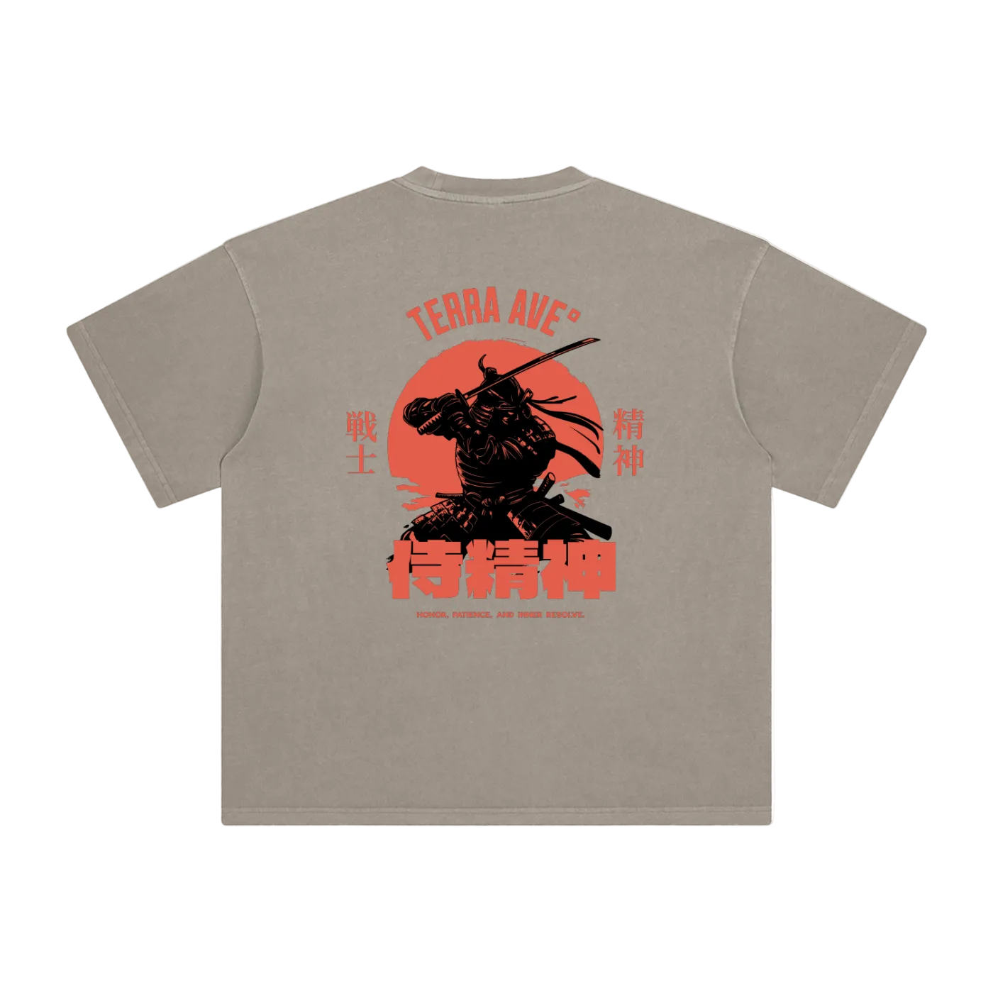 Beige t-shirt with a samurai design and text on the back against a white background