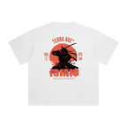 White t-shirt with a red and black graphic design on a white background