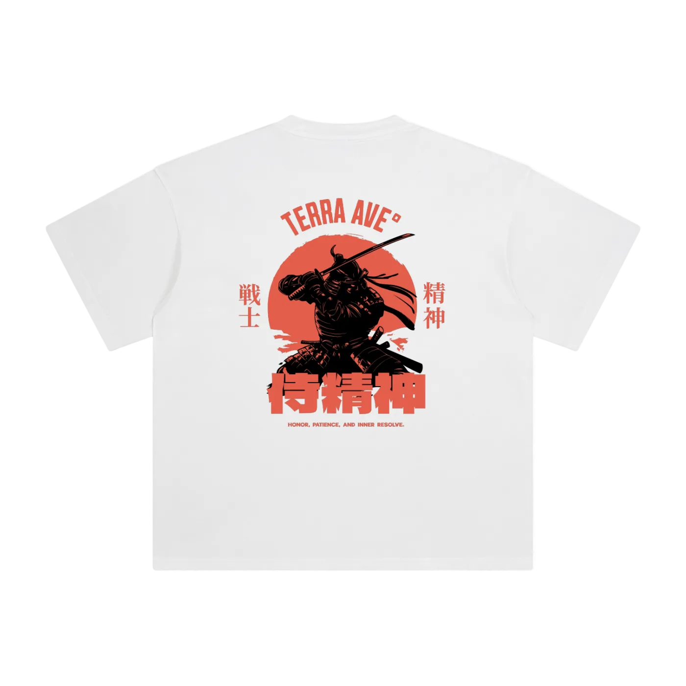 White t-shirt with a red and black graphic design on a white background
