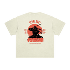Beige t-shirt with a red and black graphic design on the back, featuring a warrior silhouette and text.