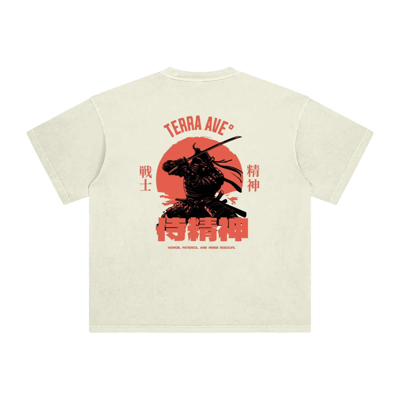 Beige t-shirt with a red and black graphic design on the back, featuring a warrior silhouette and text.