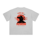 Gray t-shirt with a samurai design and text on the back, displayed on a white background.