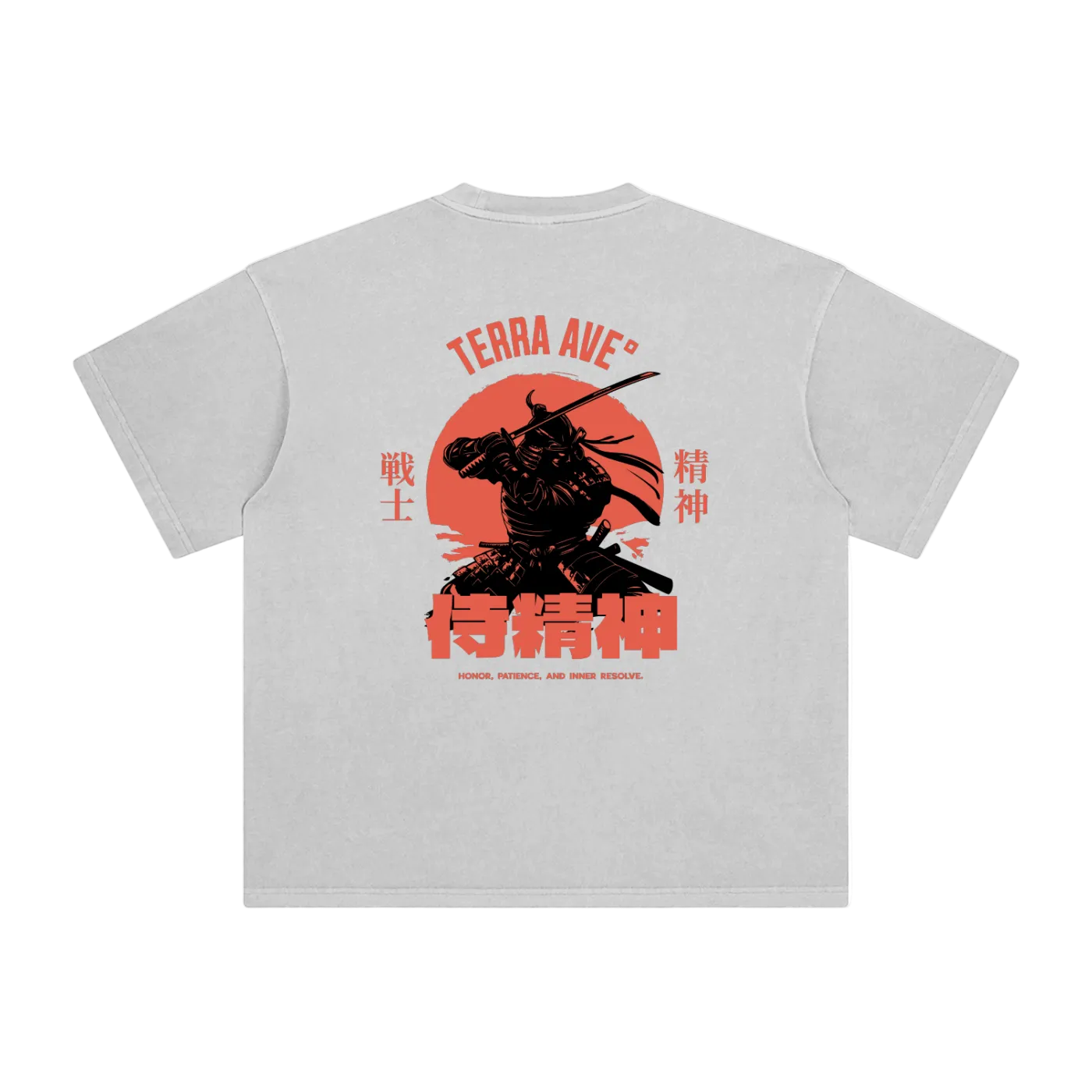 Gray t-shirt with a samurai design and text on the back, displayed on a white background.