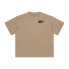 Beige t-shirt with a small logo on a white background