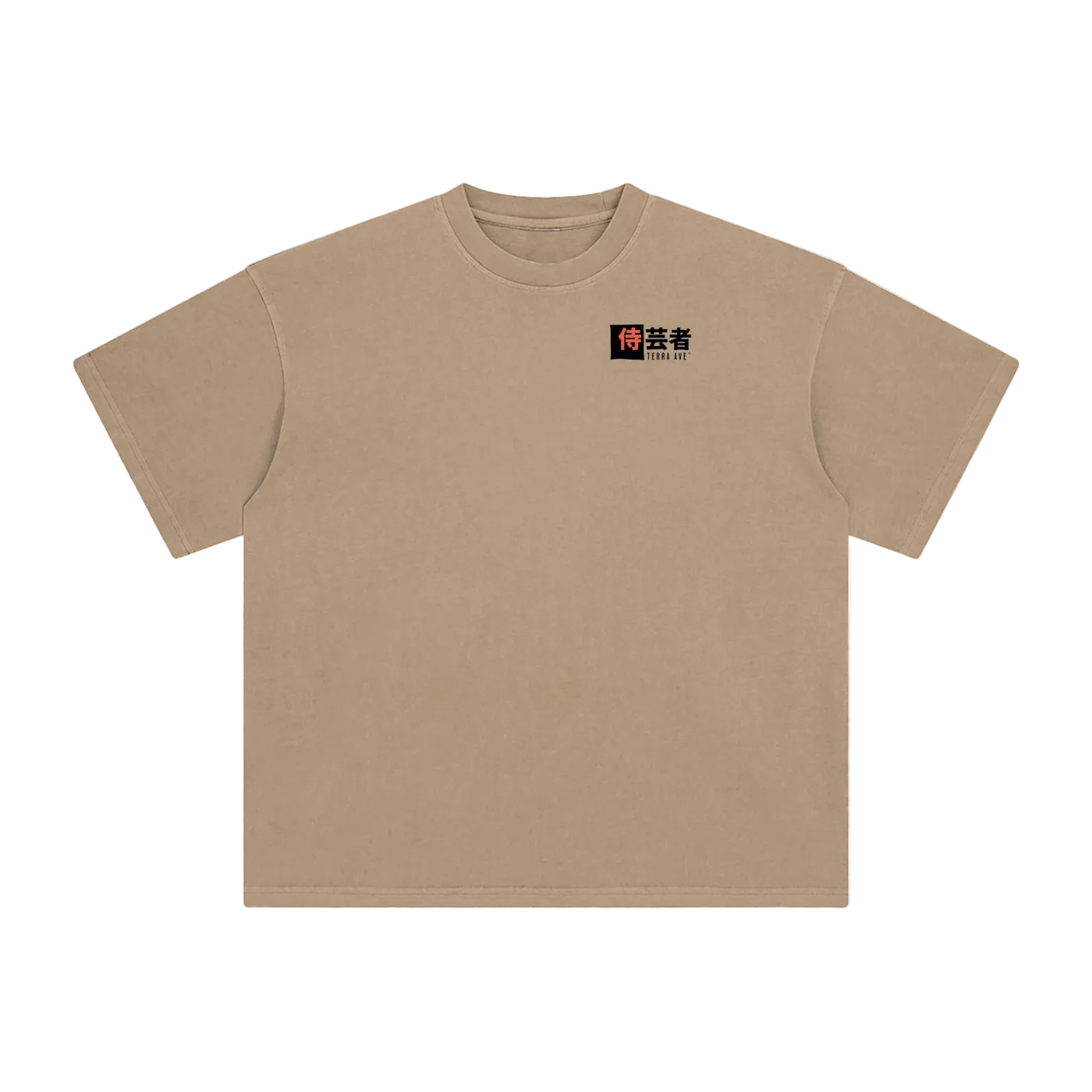 Beige t-shirt with a small logo on a white background