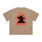 Beige t-shirt with a red and black graphic design on the back