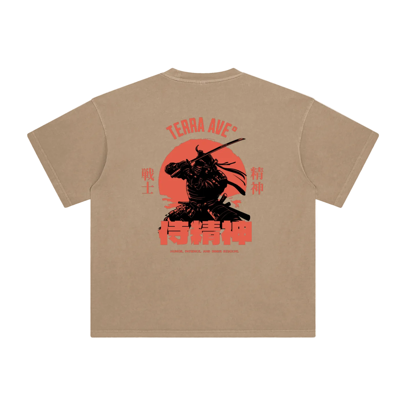 Beige t-shirt with a red and black graphic design on the back