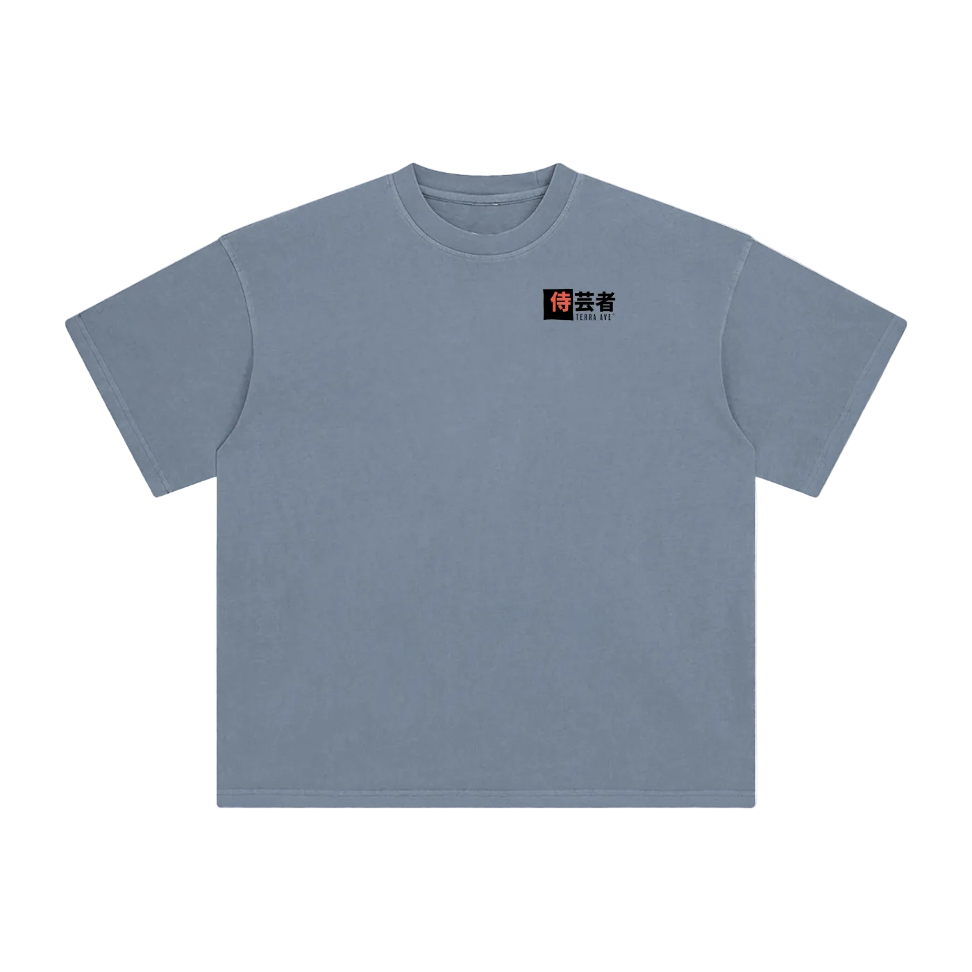Plain light blue t-shirt with a small logo on a white background