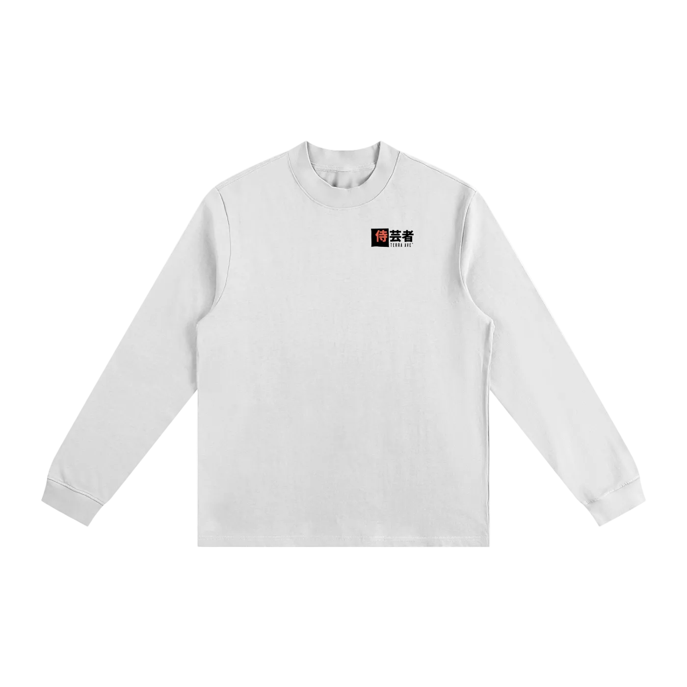 White long-sleeve shirt with a logo on a white background