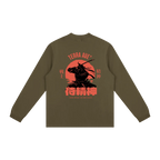 Brown long-sleeve shirt with red graphic design on a white background