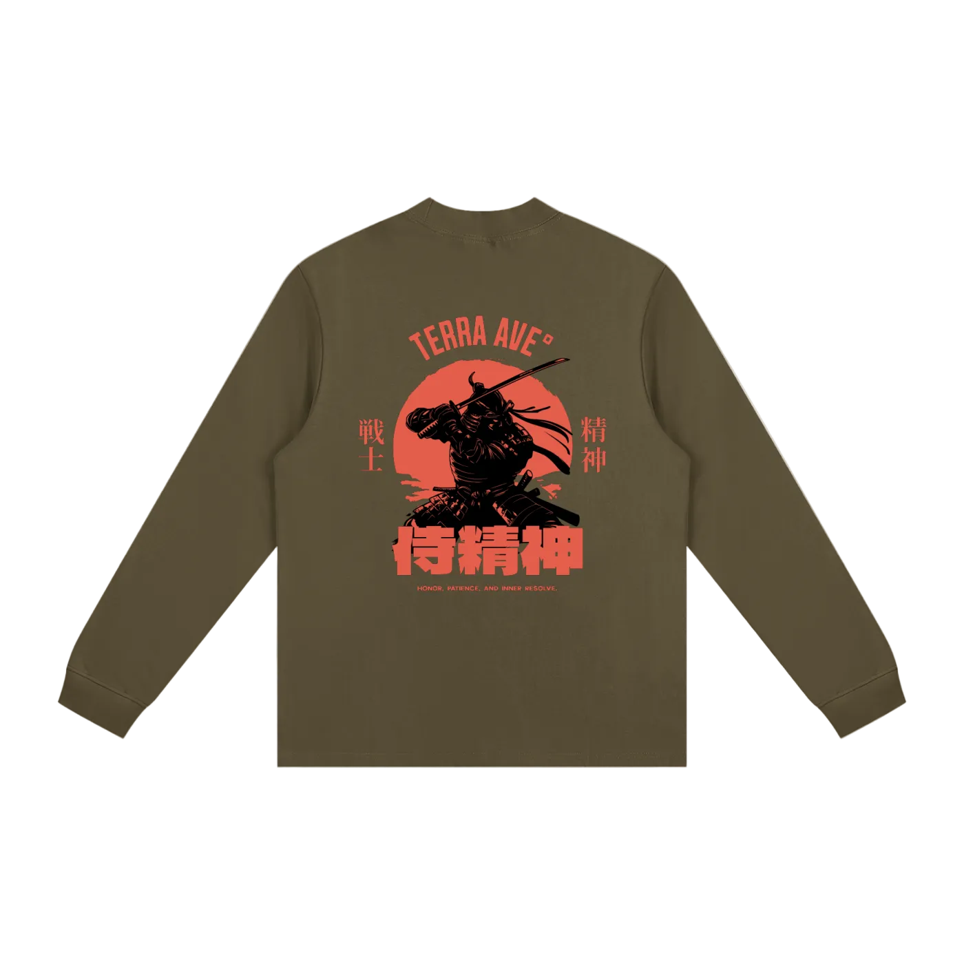 Brown long-sleeve shirt with red graphic design on a white background