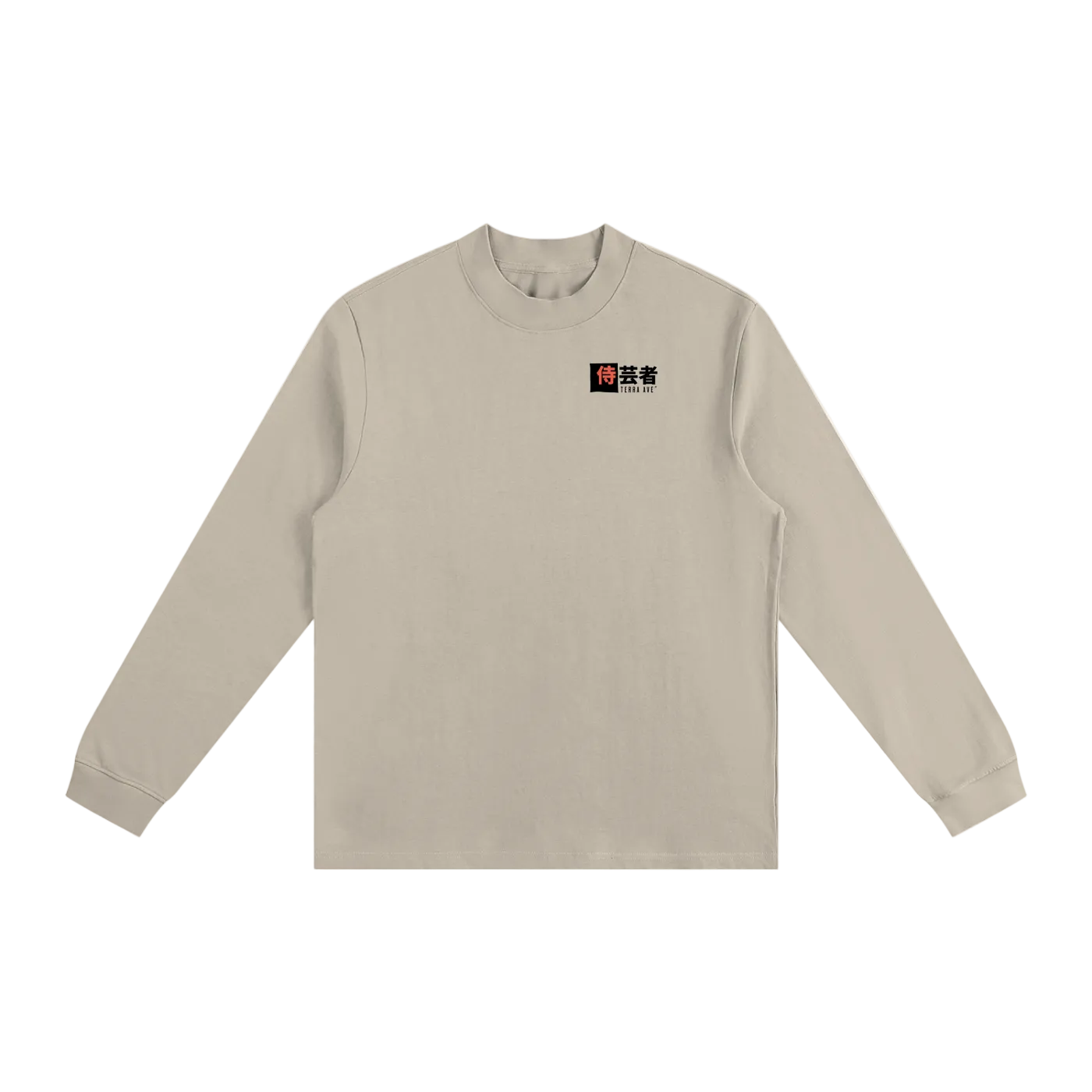 Beige long-sleeve shirt with a logo on the chest against a white background
