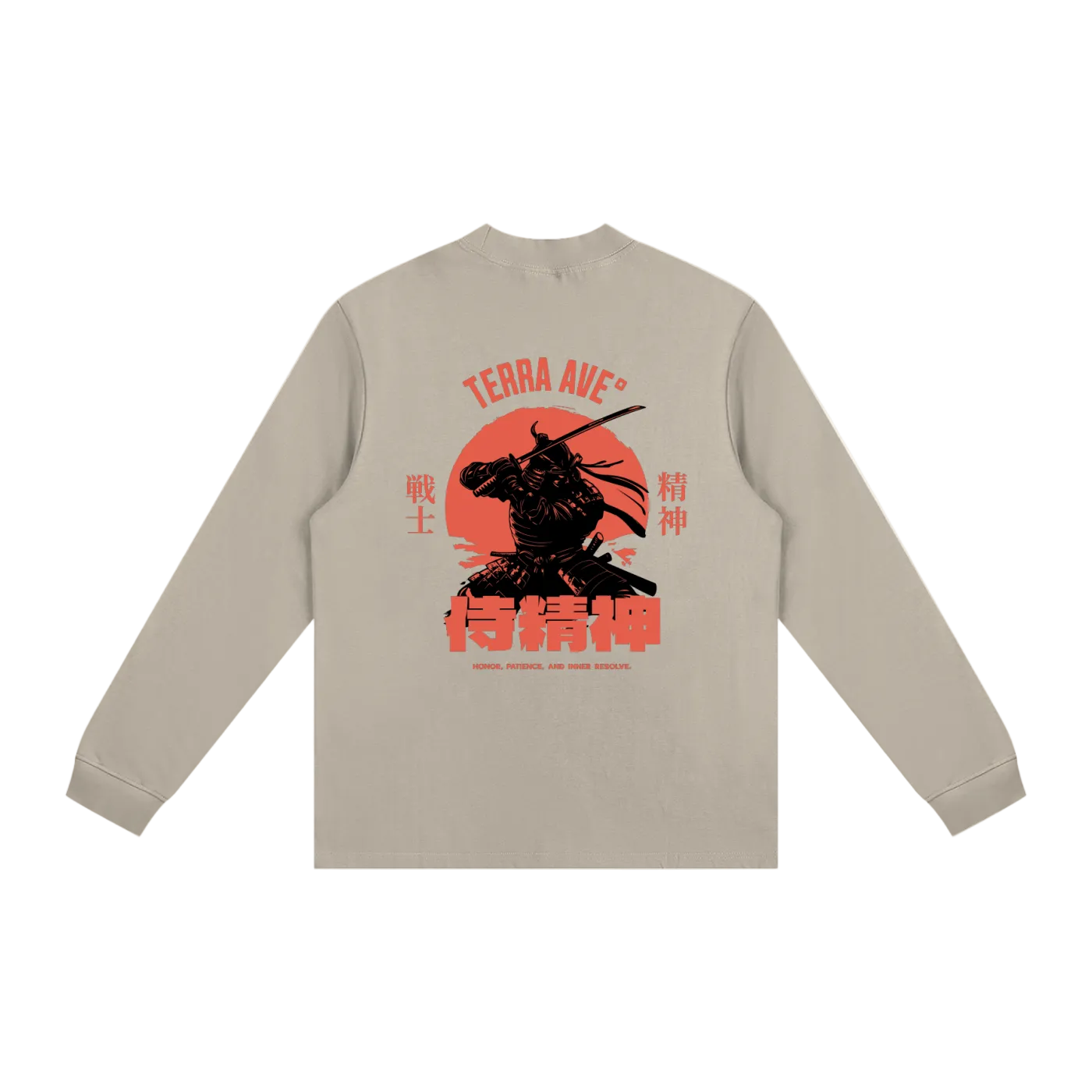 Beige long-sleeve shirt with a red and black graphic on the back against a white background
