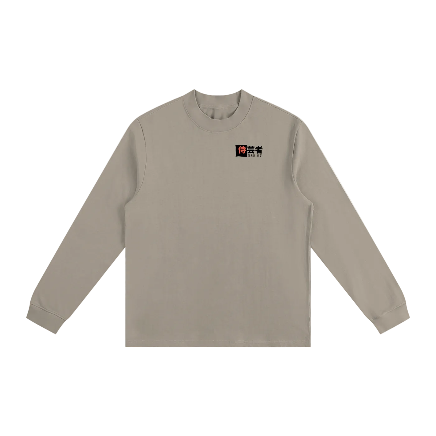 Beige long-sleeve shirt with a logo on the chest against a white background