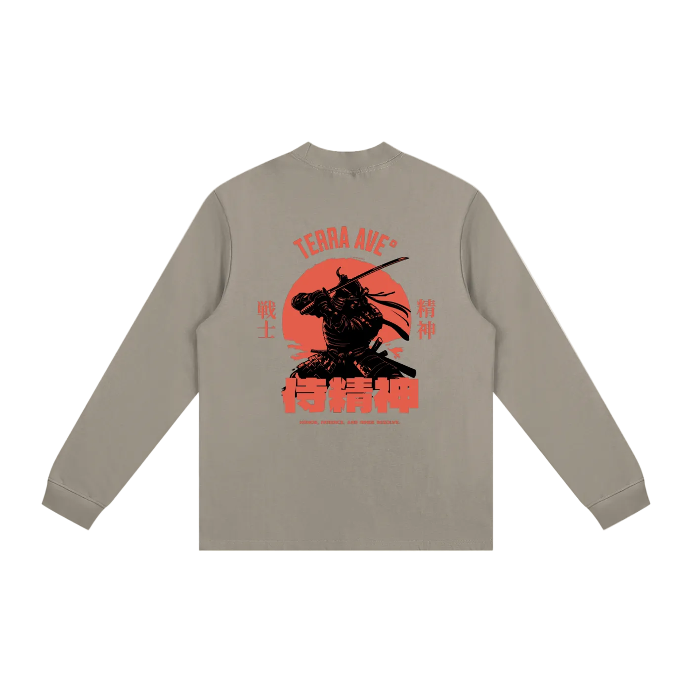 Beige long-sleeve shirt with red and black graphic on the back against a white background