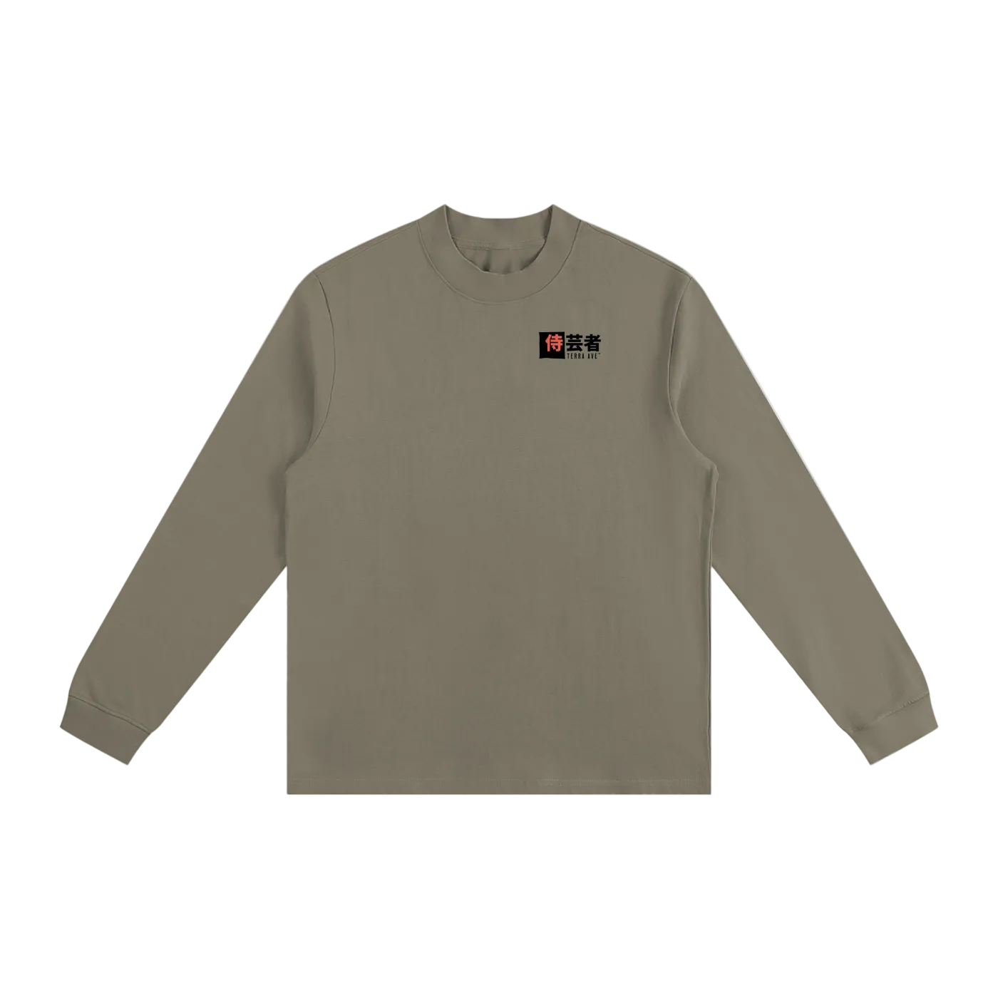 Khaki long-sleeve shirt with a logo on a white background