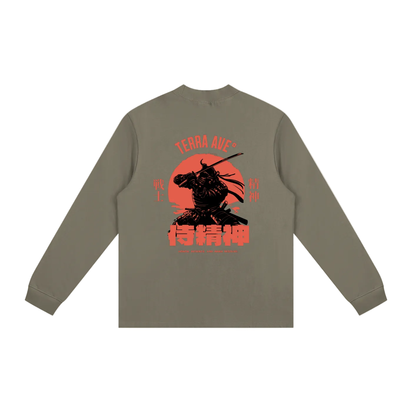 Brown long-sleeve shirt with red and black graphic design on a white background